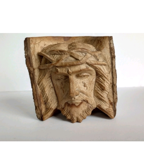 Vtg Folk Art Weeping Jesus Hand Carved Natural Wood 3.5" Christianity God Faith - Picture 1 of 10